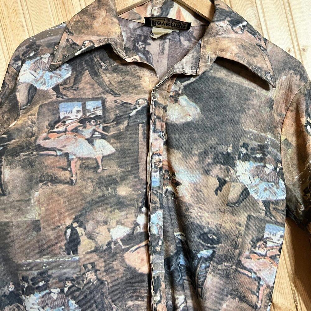 VTG Disco Revenge Button Down Shirt AOP Picture Printed Thin Sheer Elastic Sz M - Picture 4 of 10